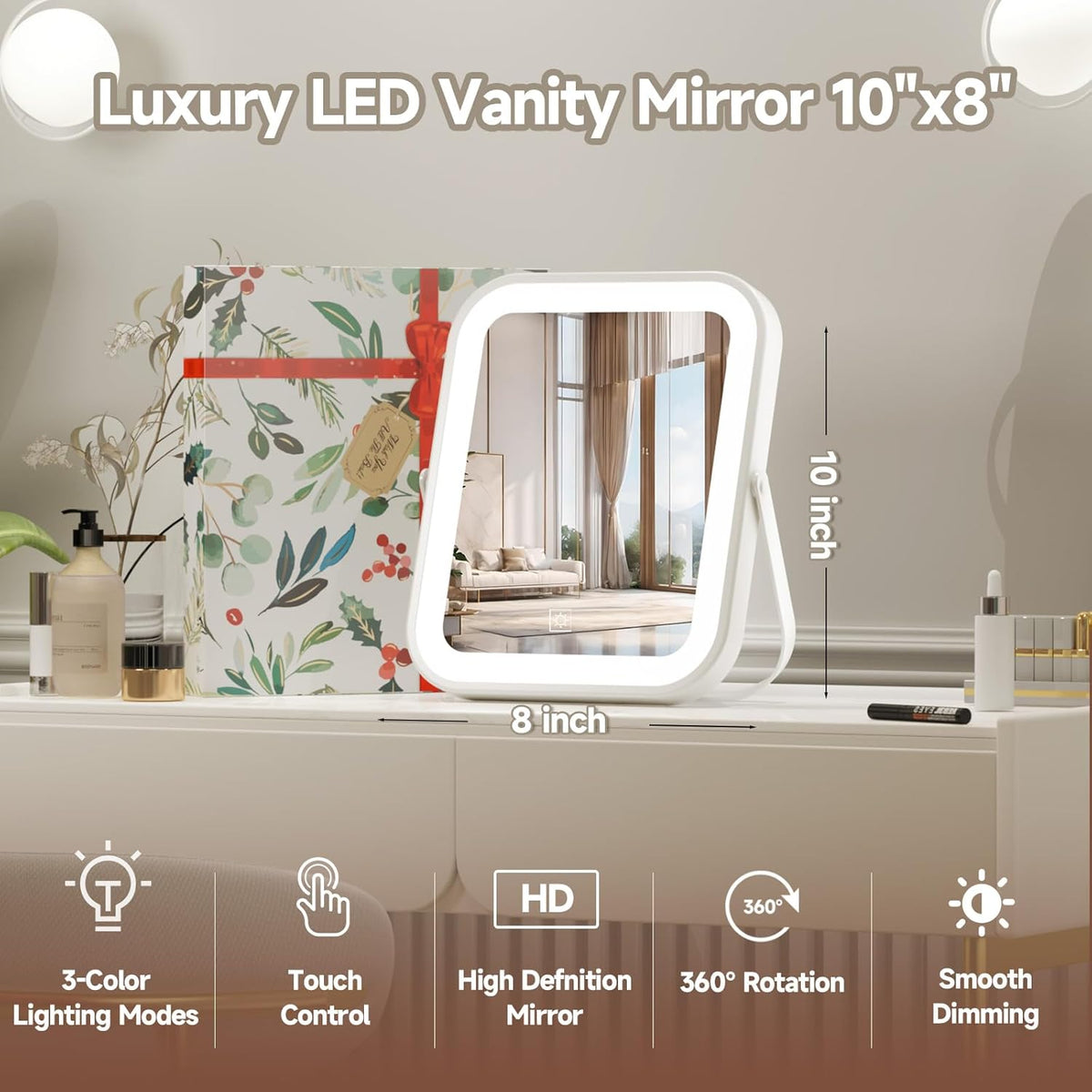 Travel Makeup Mirror with Lights, Portable Small Beauty LED Vanity Mirror with Lights, Dimmable Touch Screen, Tabletop Folding Compact Mirror,Women Gift