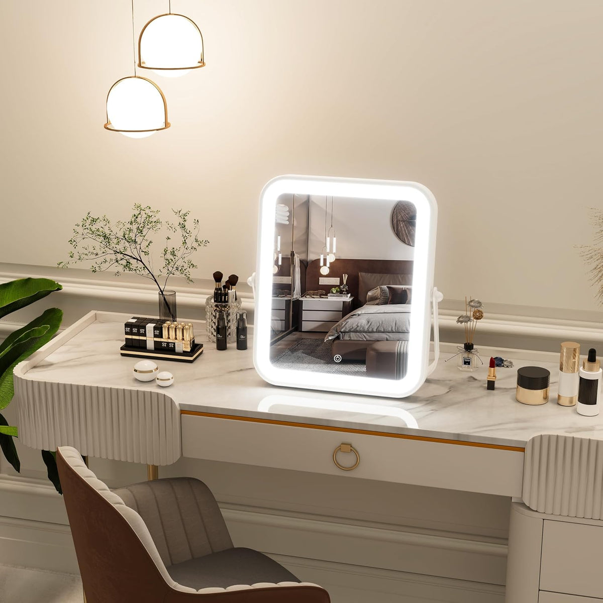 Travel Makeup Mirror with Lights, Portable Small Beauty LED Vanity Mirror with Lights, Dimmable Touch Screen, Tabletop Folding Compact Mirror,Women Gift