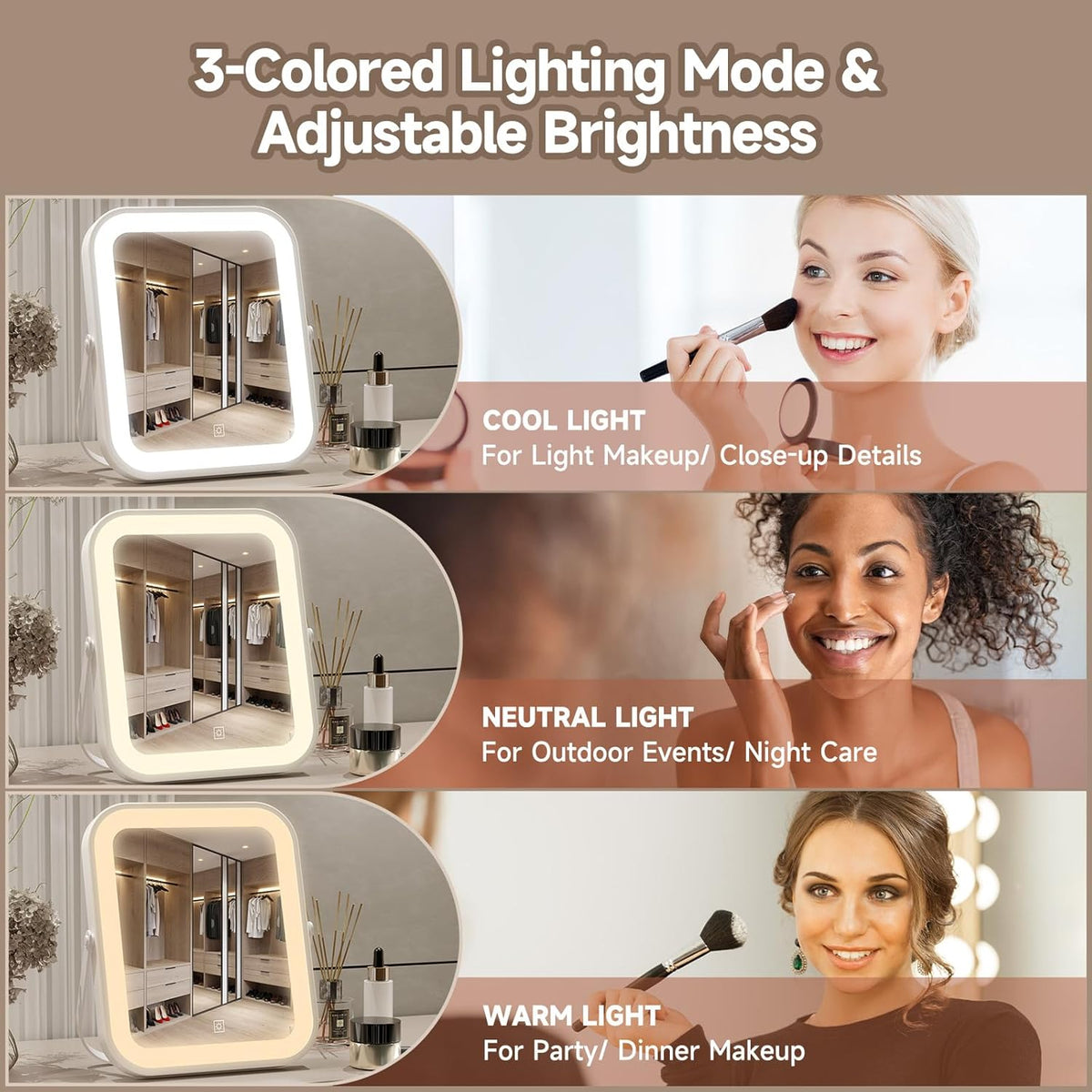 Travel Makeup Mirror with Lights, Portable Small Beauty LED Vanity Mirror with Lights, Dimmable Touch Screen, Tabletop Folding Compact Mirror,Women Gift